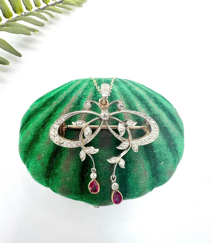 Belle Epoque Edwardian Antique Diamond Bow Pendant Brooch with Ruby Drops
