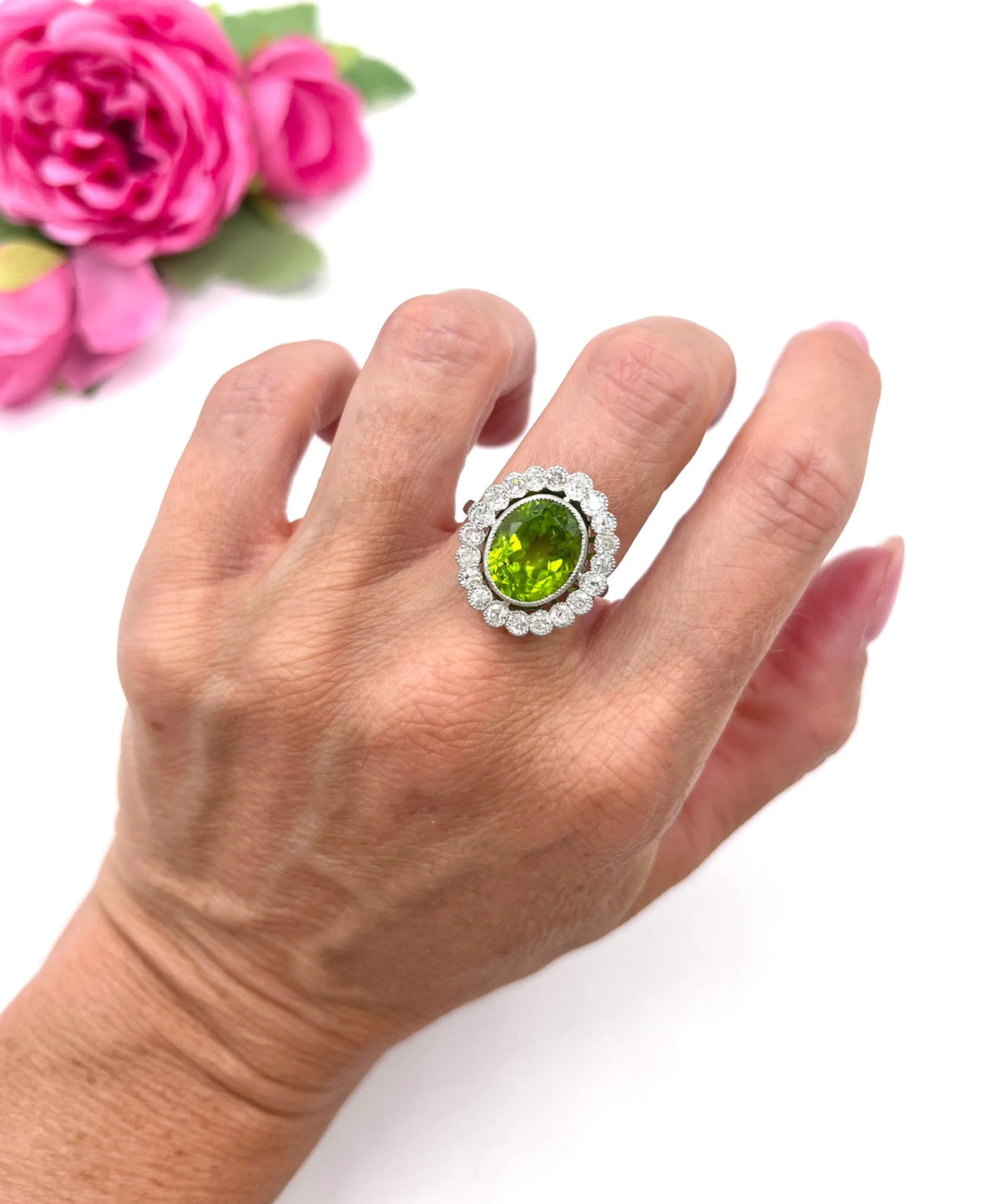 Antique French Platinum Peridot and Diamond Halo Cluster Ring, Circa 1910