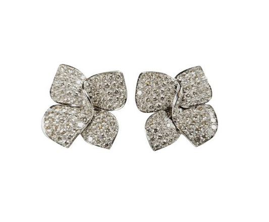 Vintage 8ct Pave Diamond Bow Earrings; bow or stylised leaf design pave-set with 8 carats of brilliant cut diamonds, in 18ct white gold
