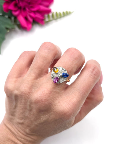Vintage 18ct Gold, 1980s Natural Sapphire, Pink Sapphire & Citrine Cocktail Ring