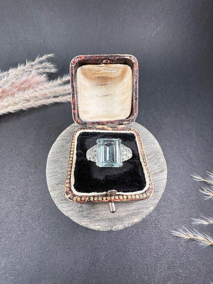 Art Deco 14 Carat White Gold Emerald Cut Aquamarine and Diamond Ring, Circa 1920