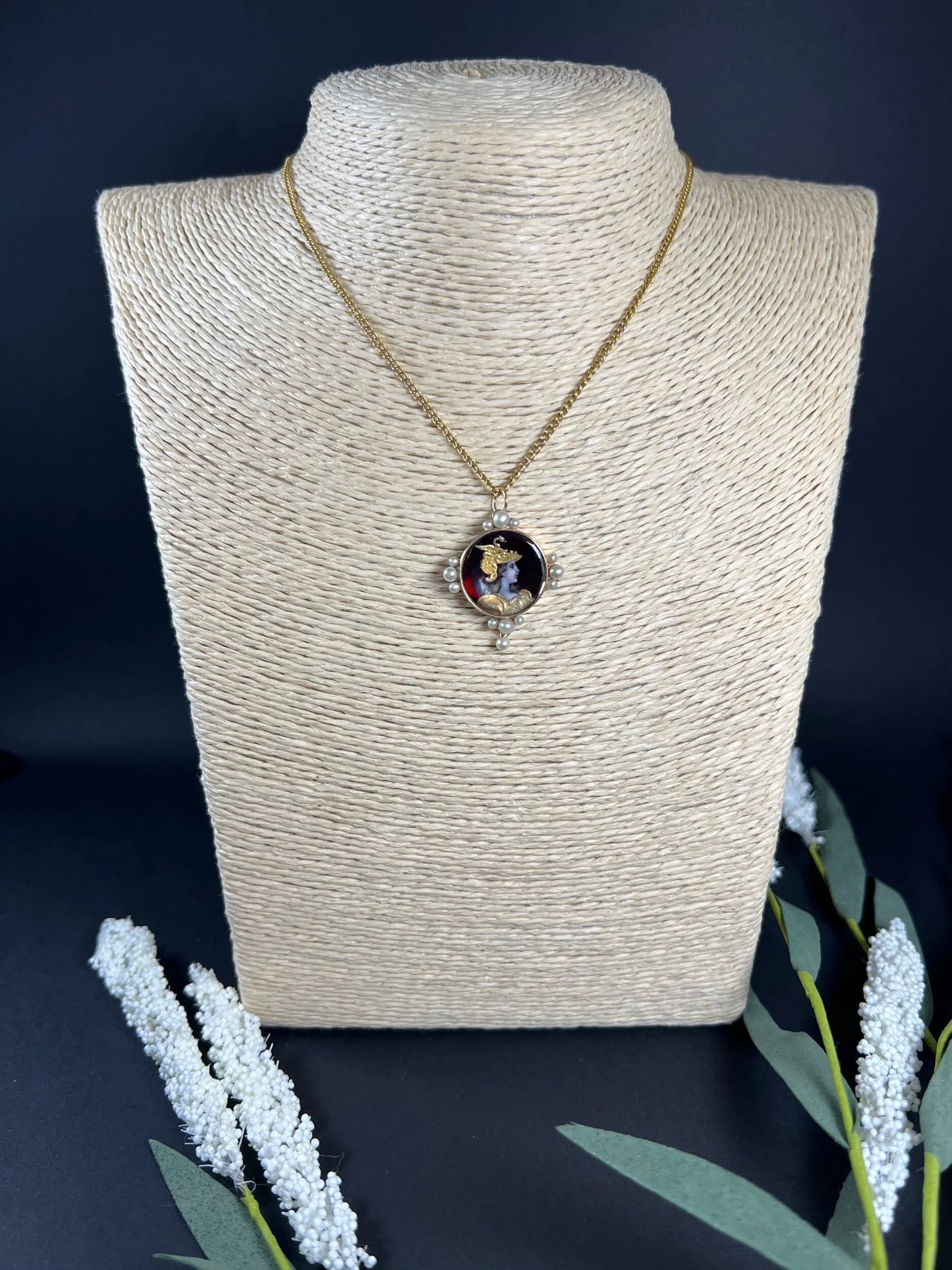 French Antique 1920’s Limoges Gold & Pearl Lady Portrait Pendant