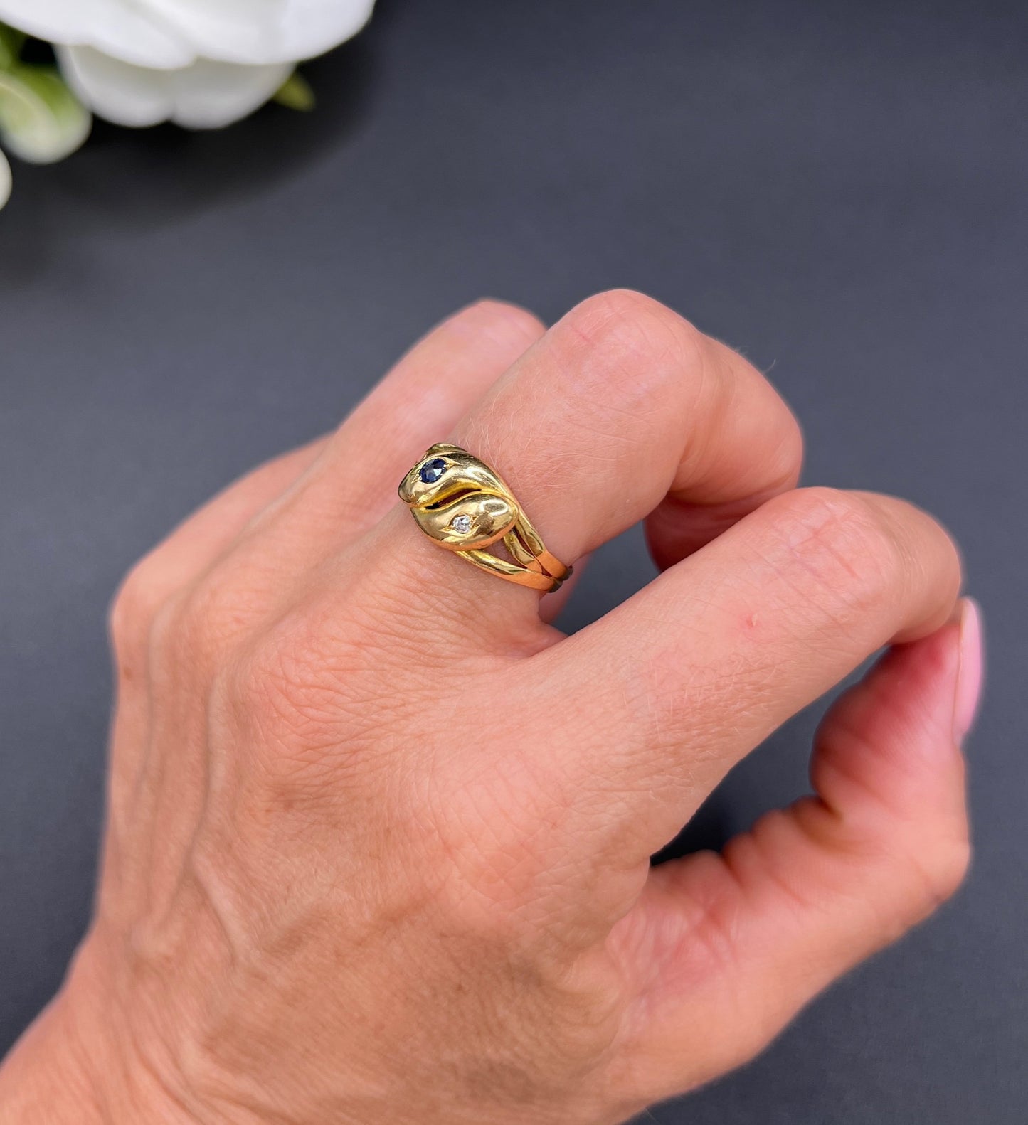 Antique 18ct Yellow Gold, Victorian Sapphire & Diamond Double-Headed Snake Ring