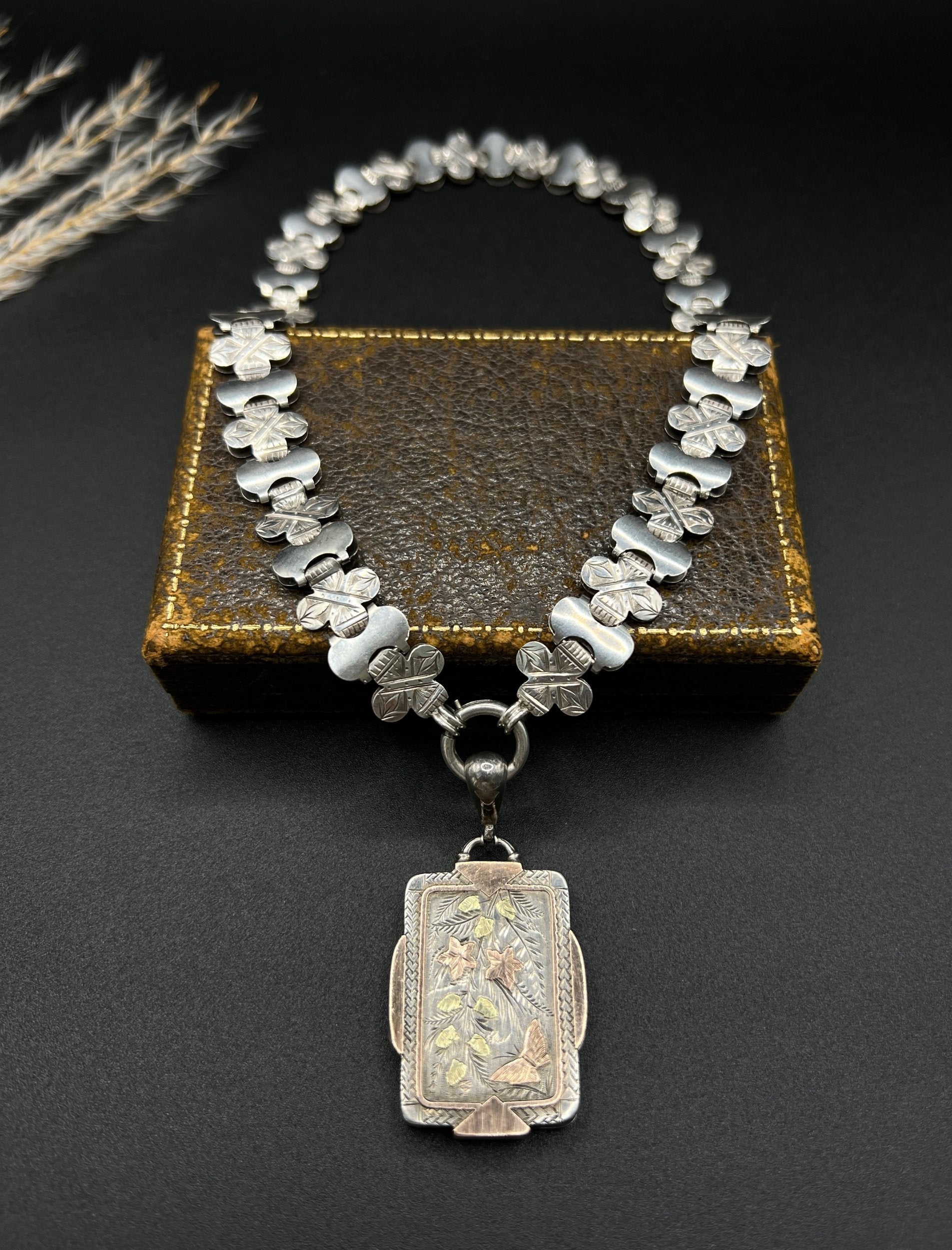 Victorian Sterling Silver Book Chain Necklace with Silver and Gold Inlaid Butterfly Locket