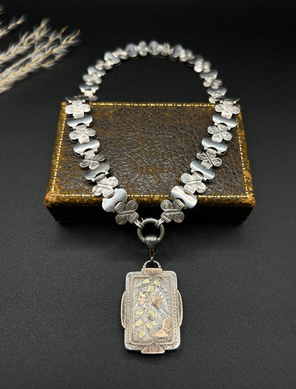 Victorian Sterling Silver Book Chain Necklace with Silver and Gold Inlaid Butterfly Locket