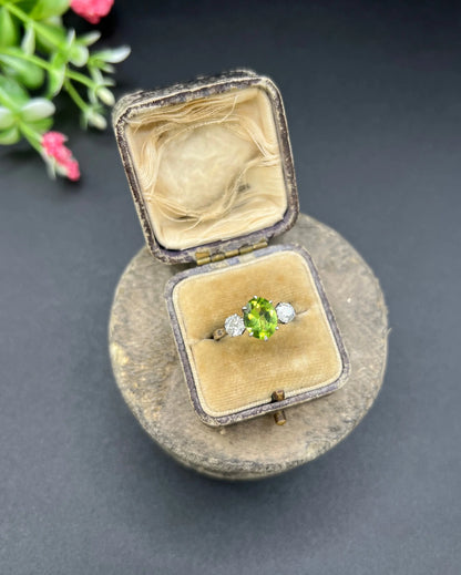 Antique Art Deco Peridot and Diamond Three Stone Ring, 1920s