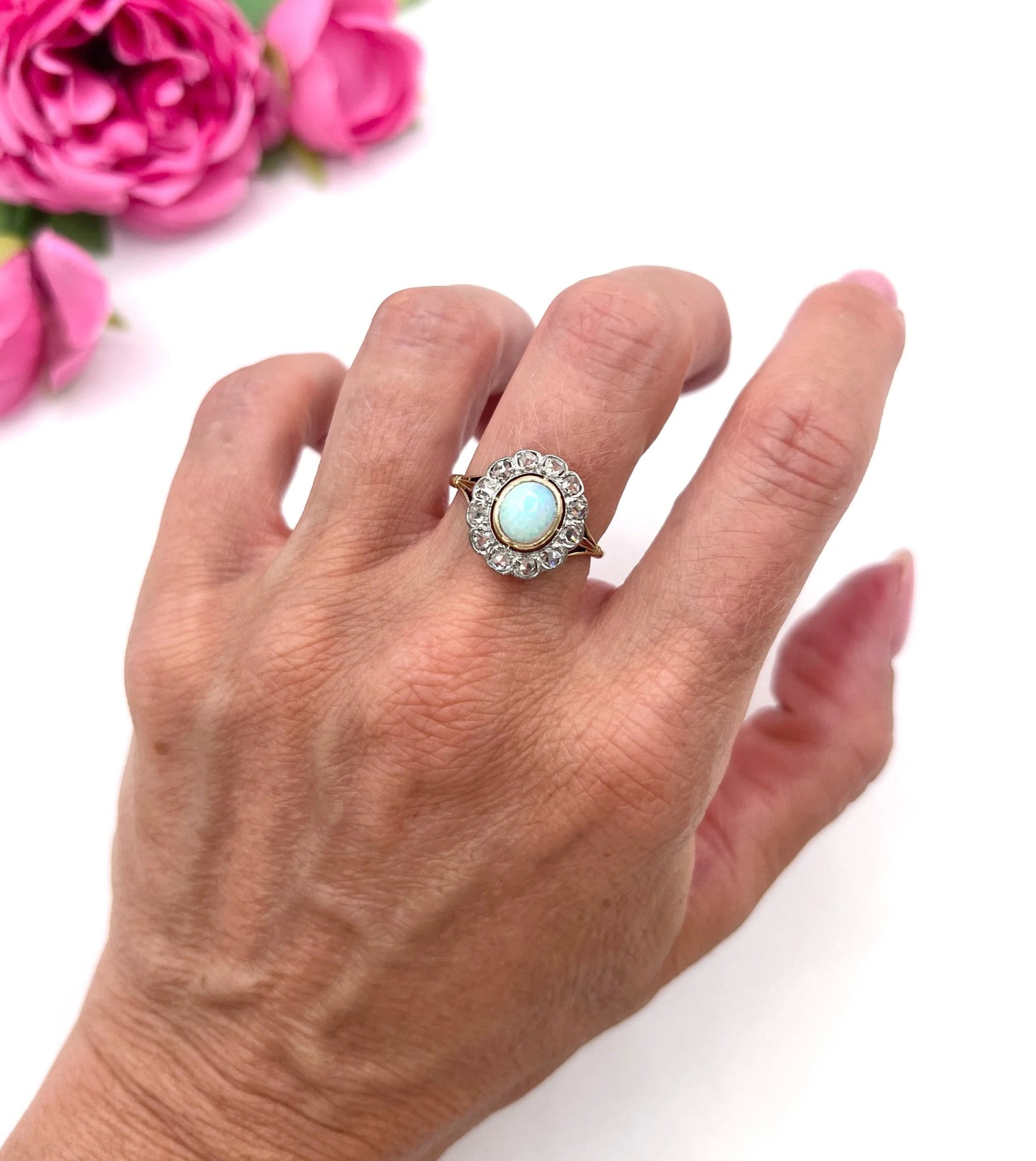 Victorian 18 Carat Yellow Gold Opal and Diamond Oval Cluster Ring, Circa 1890