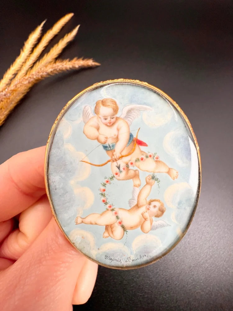 Antique Miniature Cupid Brooch In 18 Carat Yellow Gold With Mother-Of-Pearl Back