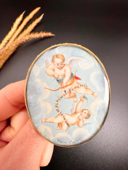 Antique Miniature Cupid Brooch In 18 Carat Yellow Gold With Mother-Of-Pearl Back