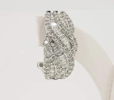 Creole Diamond Earrings, set with swirls of baguette and brilliant-cut diamonds, 2.00 carat total, in 18ct white gold, clip and post fittings