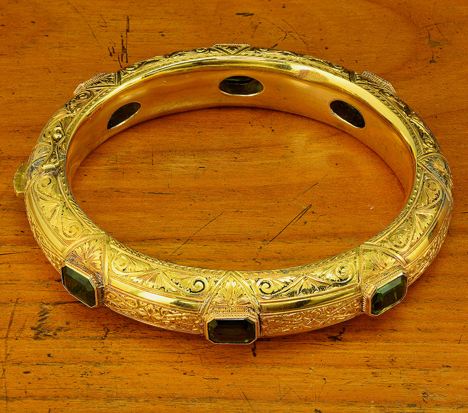 Antique Green Tourmaline Ornate Engraved Carved 18ct Yellow Gold Bangle Bracelet
