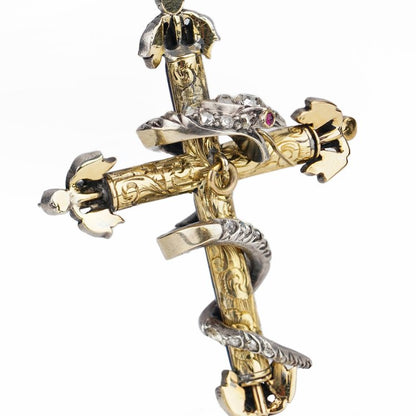 Antique Victorian Old Cut Diamond and Blue Enamel Snake Cross Pendant