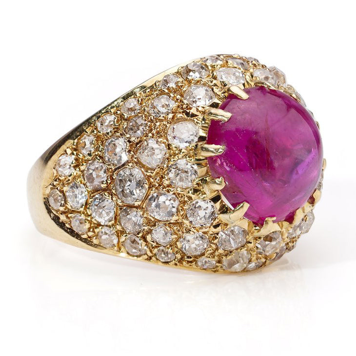 Certified 5.86ct Natural Burma Ruby and Old Cut Diamond Dome Bombe Cocktail Ring in 18ct Yellow Gold