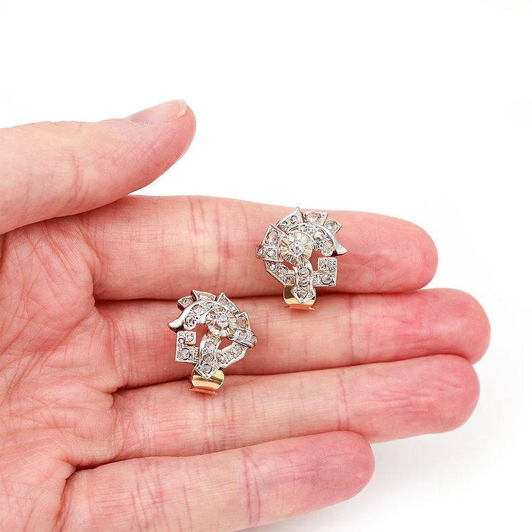 Vintage 1ct Rose Cut Diamond Cluster Earrings in 18ct Gold