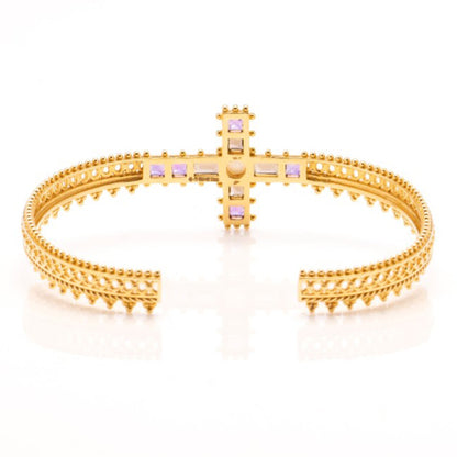 Decorative 18ct Yellow Gold Cross Bangle Bracelet with Amethyst Smoky Quartz and Pearl