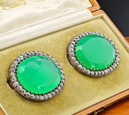 Victorian Antique 127.5cts Chrysoprase and 11ct Old Mine Cut Diamond Cluster Twin Brooch