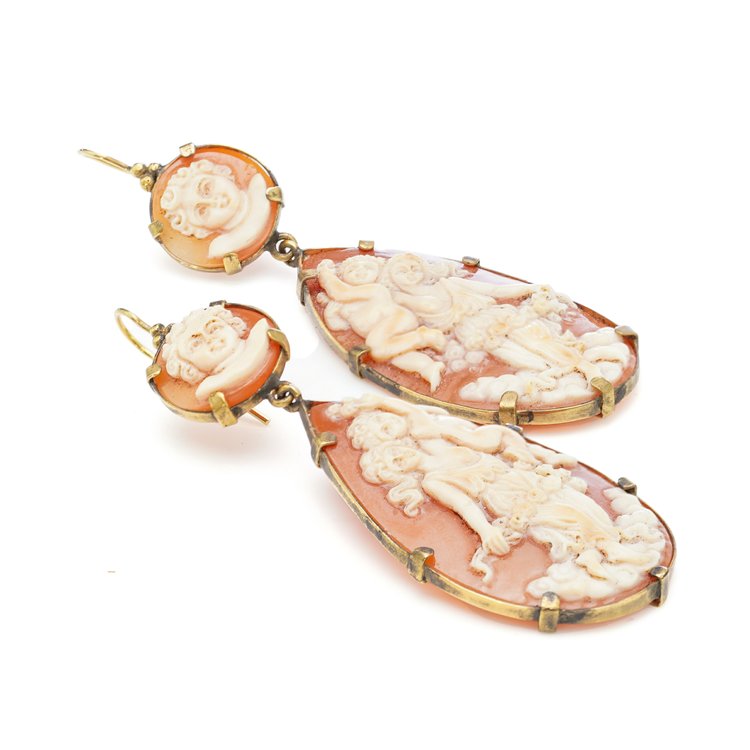 Antique 19th Century Shell Cameo Drop Earrings