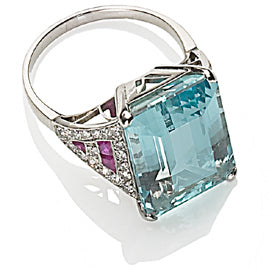 Art Deco Style Aquamarine, Ruby and Diamond Dress Ring
