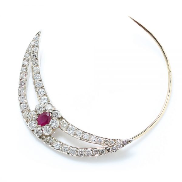 Antique Edwardian Ruby and Old Cut Diamond Cluster Crescent Brooch