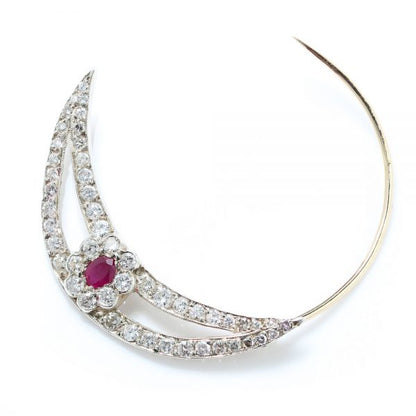 Antique Edwardian Ruby and Old Cut Diamond Cluster Crescent Brooch