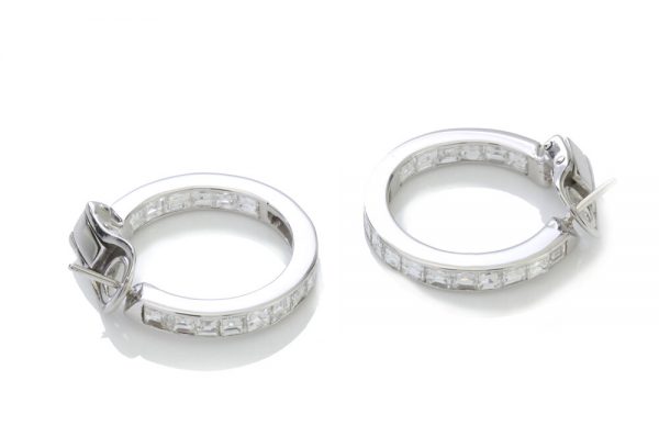 Bvlgari Princess Cut Diamond Hoop Earrings; channel set with square cut diamonds, 1.80 carat total, in 18ct white gold