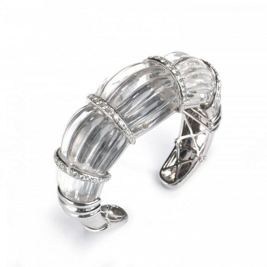 Rock Crystal and Diamond Cuff Bangle Bracelet; modern carved fluted rock crystal with four 18ct white gold spacer sections set with 2.50cts round brilliant-cut diamonds, 18ct white gold ends