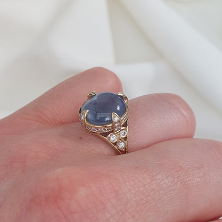 Cabochon Star Sapphire Ring with Diamonds in 18ct Yellow Gold