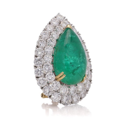 Pear Cabochon Cut Emerald and Diamond Double Cluster Earrings, Emeralds 23.36 carats Diamond 10.03 carats