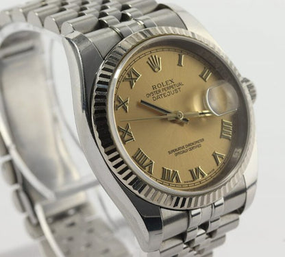 Rolex Datejust 36mm Stainless Steel Automatic Watch with White Gold Bezel and Champagne Dial, ref 116234, on a stainless steel Jubilee bracelet with Crown clasp, Circa 2008-09
