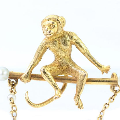Art Deco 18ct Yellow Gold Monkey Brooch with Pearls