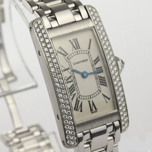 Cartier Tank Americaine Ladies 18K White Gold Quart Watc With Factory Original Cartier Diamond Bezel, white dial, diamond crown, sapphire crystal, 18ct white gold bracelet with double-fold hidden clasp, with Cartier box and papers