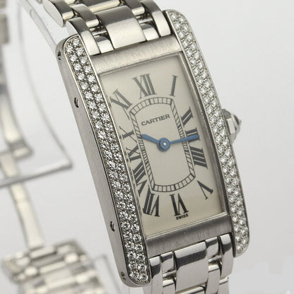 Cartier Tank Americaine Ladies 18K White Gold Quart Watc With Factory Original Cartier Diamond Bezel, white dial, diamond crown, sapphire crystal, 18ct white gold bracelet with double-fold hidden clasp, with Cartier box and papers