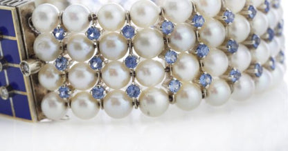 Vintage Akoya Pearl and Aquamarine Bangle Bracelet with Blue Enamel Clasp decorated with Rose-Cut Diamonds, Made in Italy, Circa 1940 - 1950s