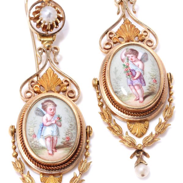19th Century Italian Gold and Enamel Cherub Plaque Drop Earrings