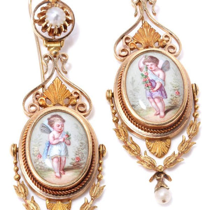 19th Century Italian Gold and Enamel Cherub Plaque Drop Earrings