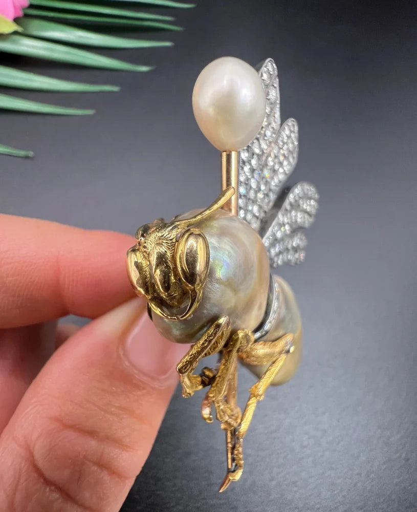 Vintage Abalone Pearl Insect Brooch with Diamonds