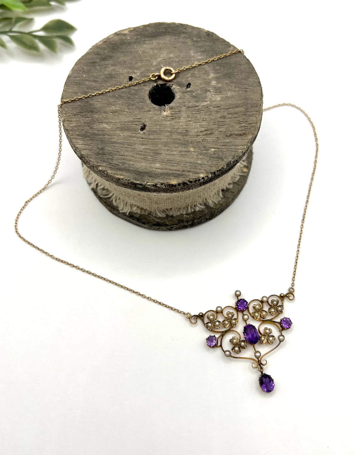 Antique 9 Carat Rose Gold Amethyst and Seed Pearl Pendant Necklace