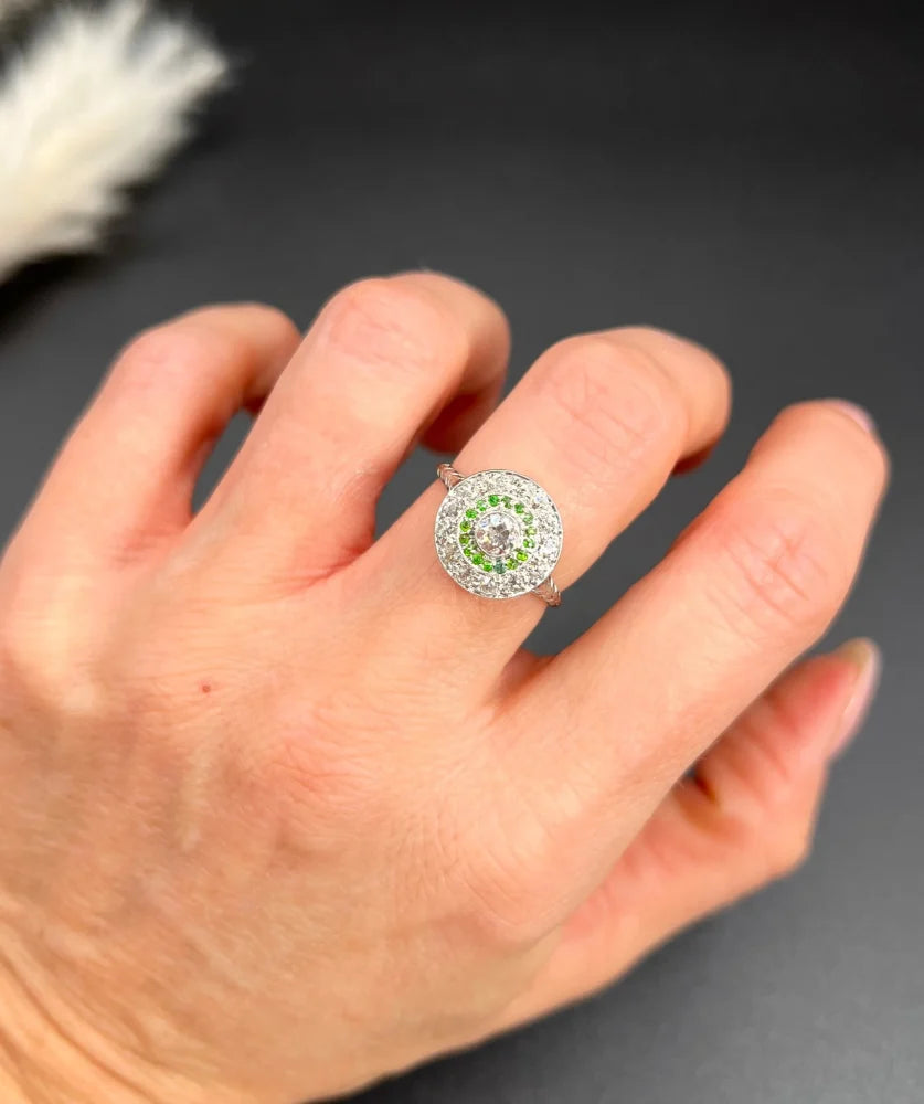 Edwardian Antique Demantoid Garnet and Diamond Target Cluster Ring