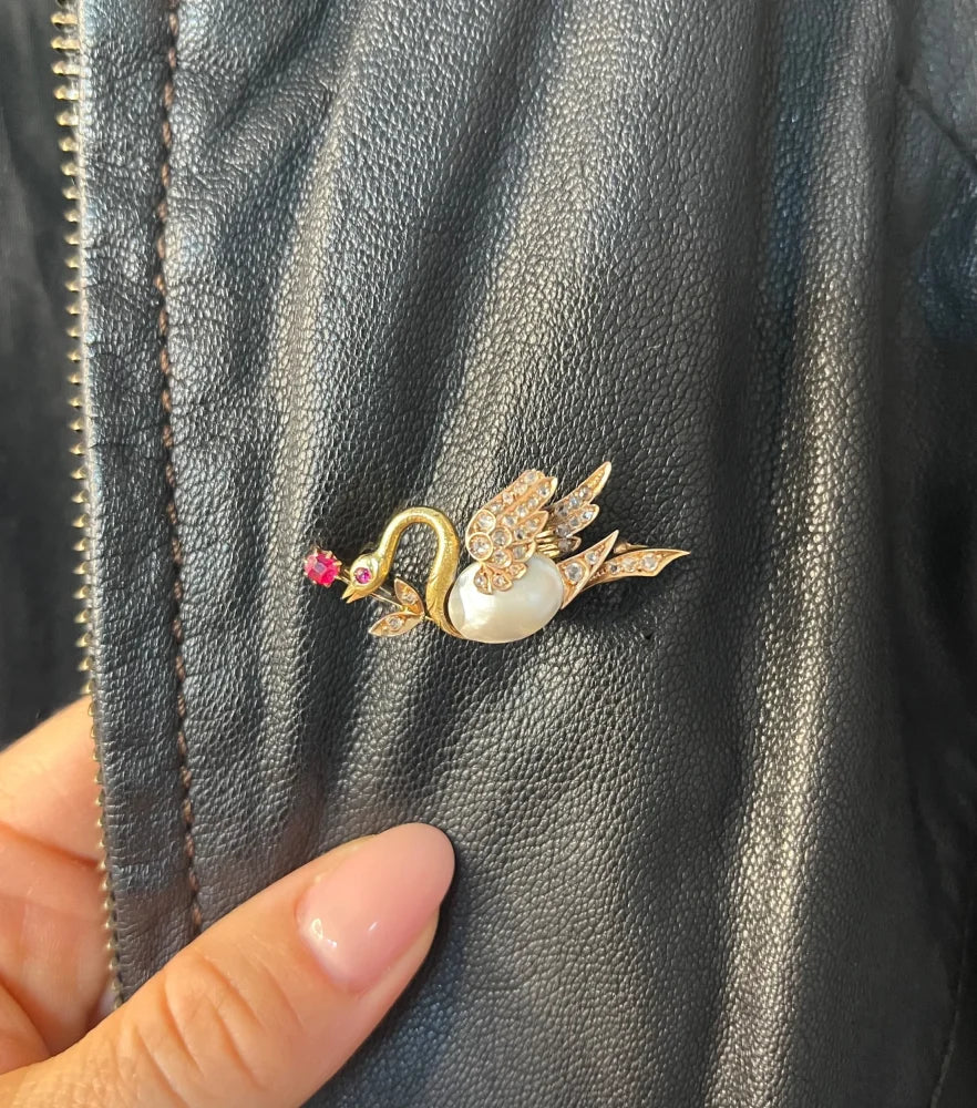 Antique Swan Brooch In 14 Carat Yellow And Rose Gold With Pearl, Rubies And Diamonds