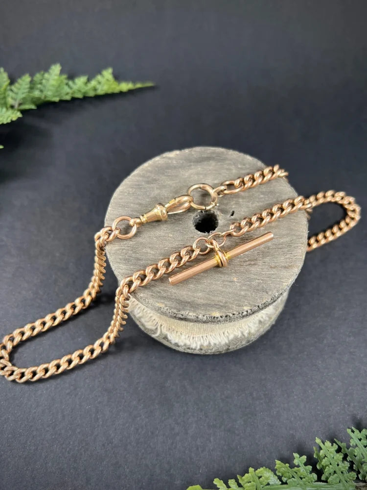 Victorian Antique 9ct Rose Gold Curb Link Albert Chain Necklace