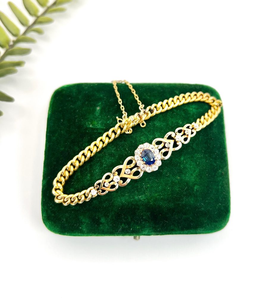 Edwardian Antique Sapphire and Diamond Cluster Fancy Heart Link Gold Curb Bracelet