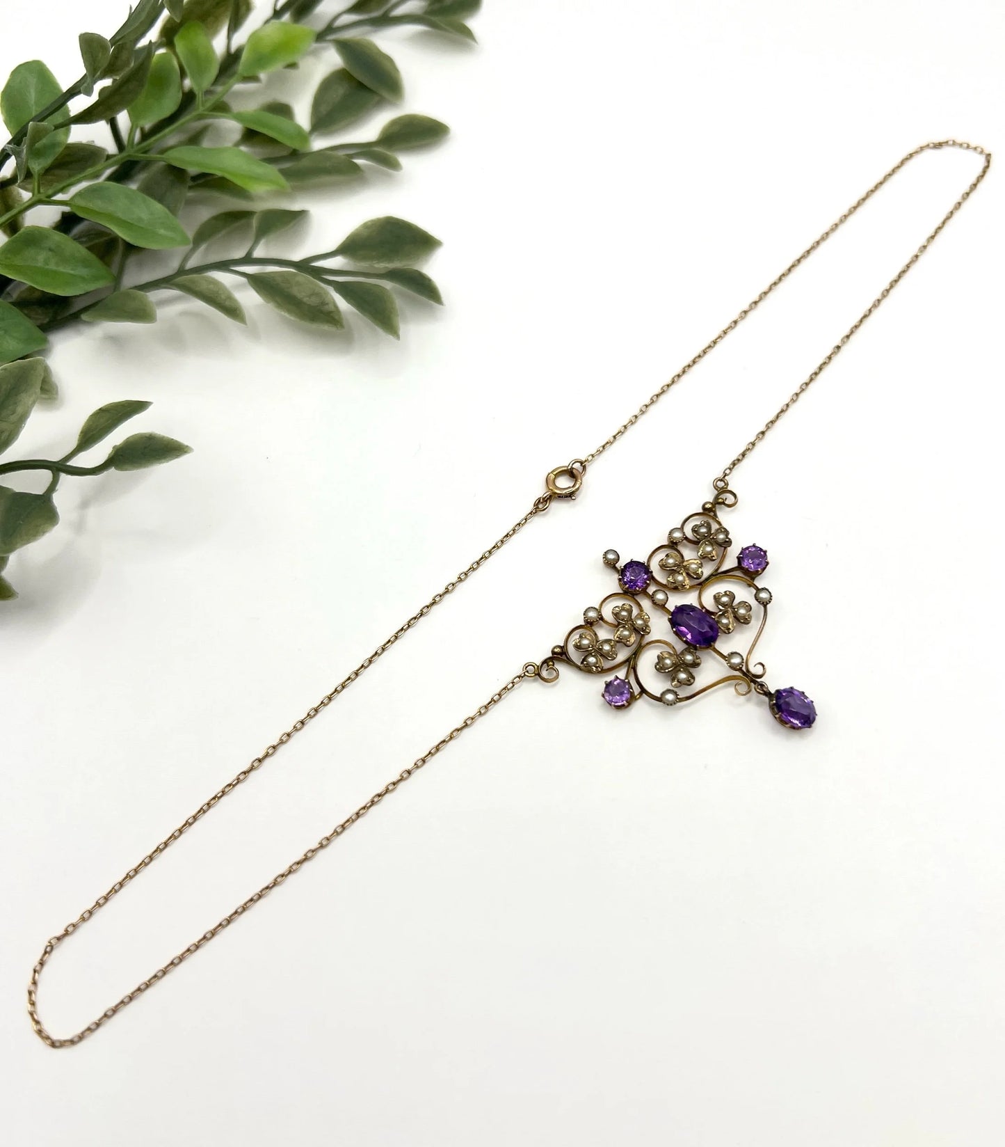Antique 9 Carat Rose Gold Amethyst and Seed Pearl Pendant Necklace