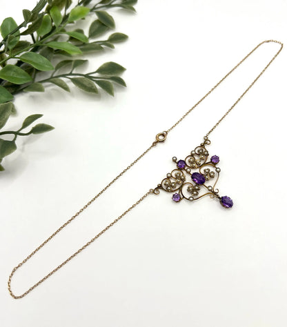 Antique 9 Carat Rose Gold Amethyst and Seed Pearl Pendant Necklace