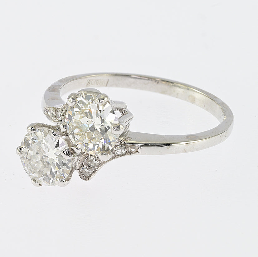 Vintage 1.51ct Old European Cut Diamond Toi et Moi Two Stone Crossover Engagement Ring