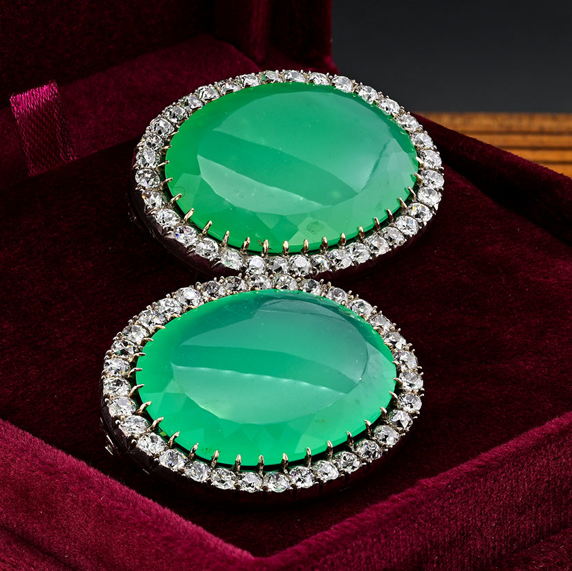 Victorian Antique 127.5cts Chrysoprase and 11ct Old Mine Cut Diamond Cluster Twin Brooch