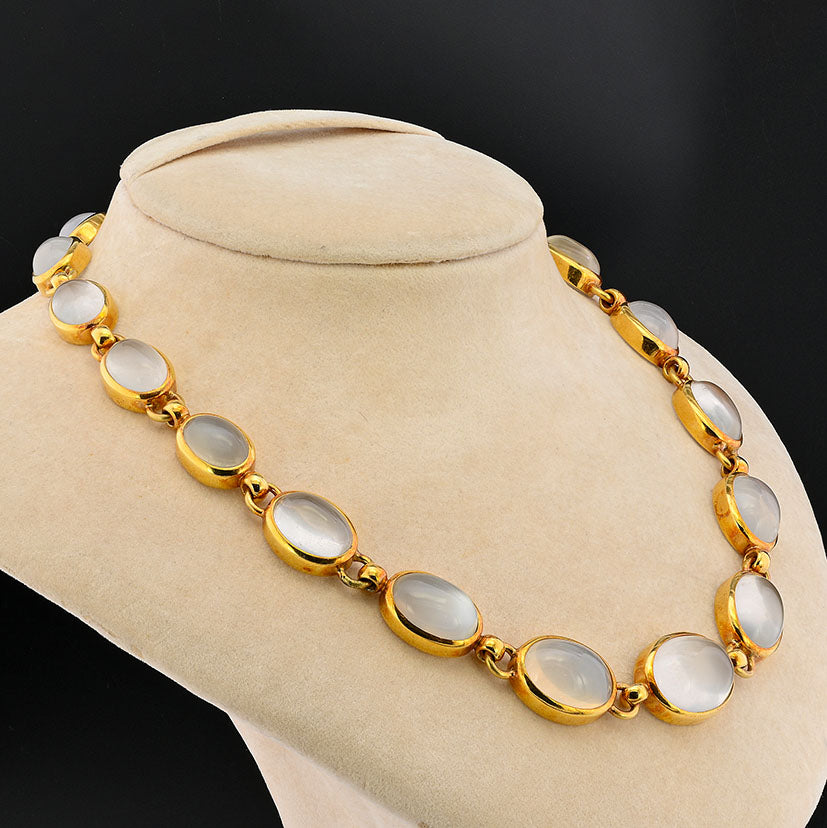 Vintage 1940s Retro 132ct Natural Moonstone Collar Riviere Necklace in 18ct Yellow Gold