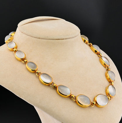 Vintage 1940s Retro 132ct Natural Moonstone Collar Riviere Necklace in 18ct Yellow Gold