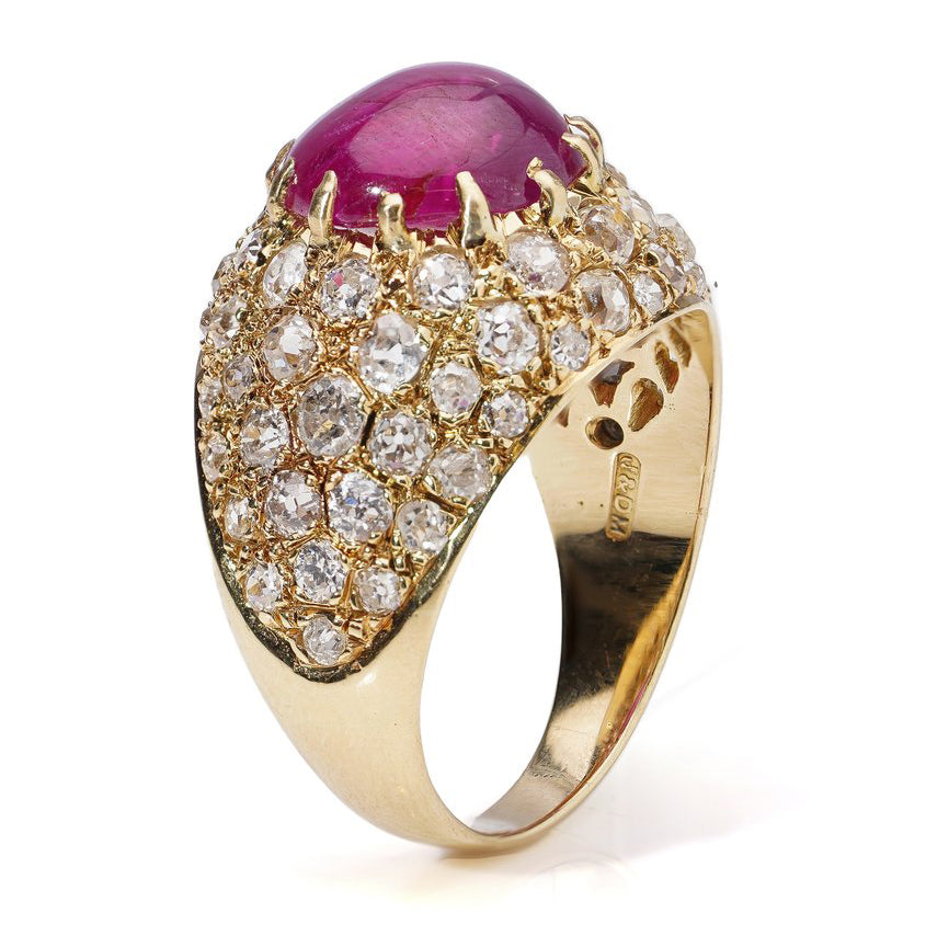 Certified 5.86ct Natural Burma Ruby and Old Cut Diamond Dome Bombe Cocktail Ring in 18ct Yellow Gold