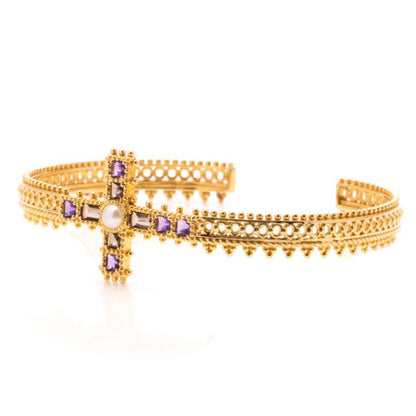 Decorative 18ct Yellow Gold Cross Bangle Bracelet with Amethyst Smoky Quartz and Pearl