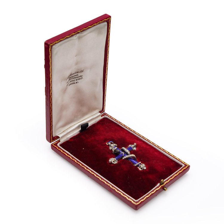 Antique Victorian Old Cut Diamond and Blue Enamel Snake Cross Pendant